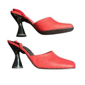 Chilis Red Ostrich Embossed Square Toe Slingback Heels Size 8M